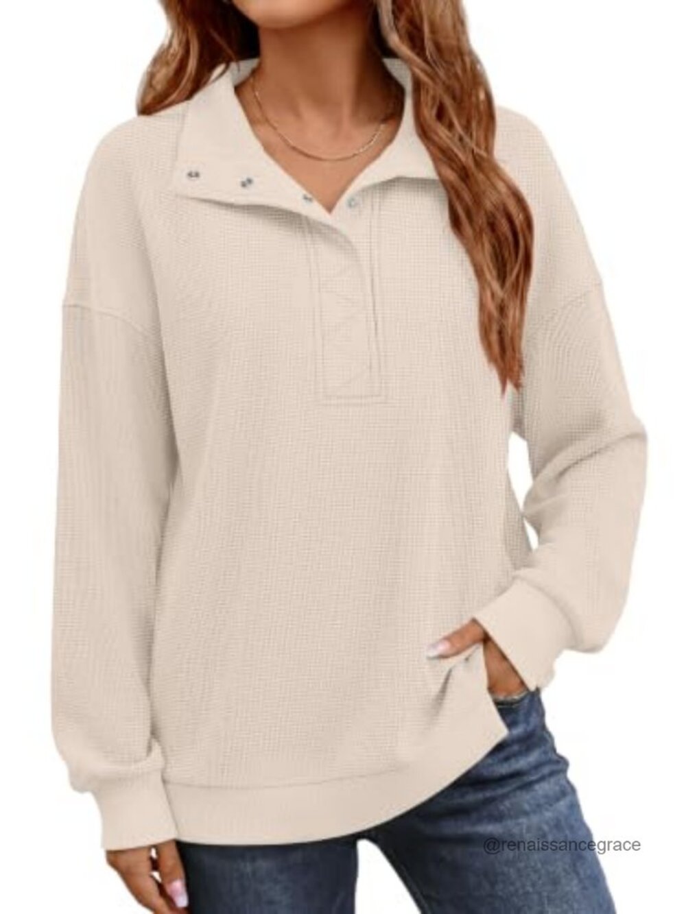 Waffle Knit Henley Sweatshirt Long Sleeve Loose Fit Pullover Top